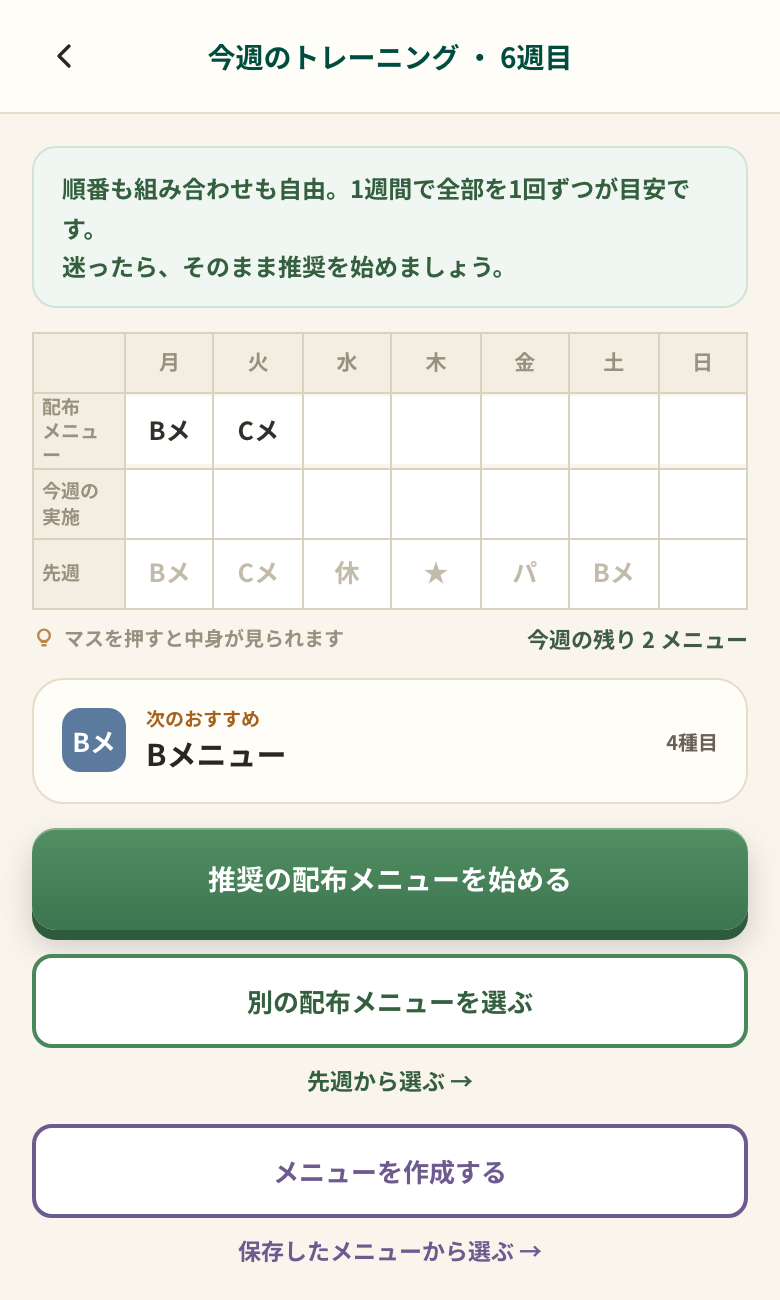 今週のトレーニングの画面